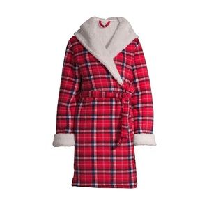 Jaclyn Apparel Women's Microfleece Hooded Robe | NWT | Red Plaid | Large